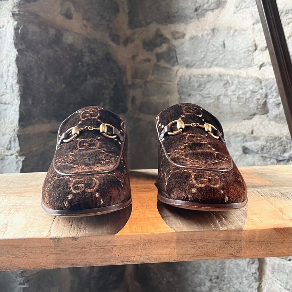Gucci Quentin Brown Velvet GG Horsebit Loafers - Picture 3 of 10